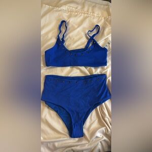 Blue Ribbed Bikini Set with Eyelet Detail